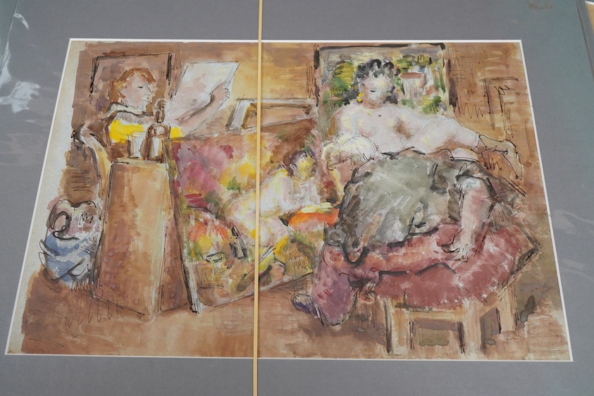 Harold Hope Read (1881-1959), ‘Outside family Scene’, ‘A Forest Gathering’ and ‘A Manage A Trois’, unsigned, Bowden Fine Art labels verso, three ink and watercolours on paper, mounted, unframed, largest 38 x 55cm